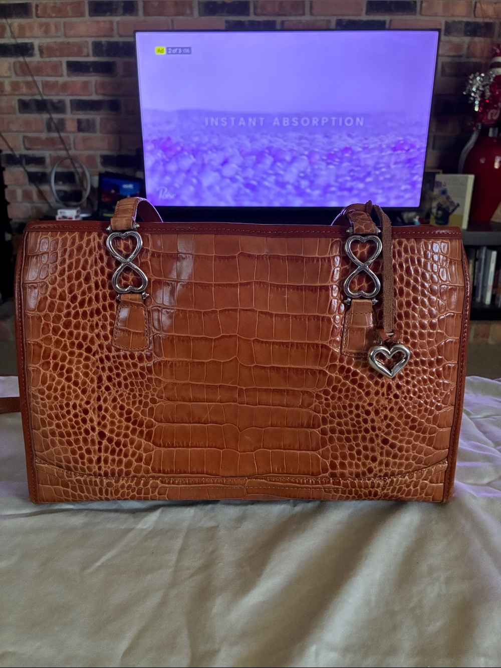 Brighton Croc-Embossed Satchel in Cognac Brown with Silver Heart Hardware